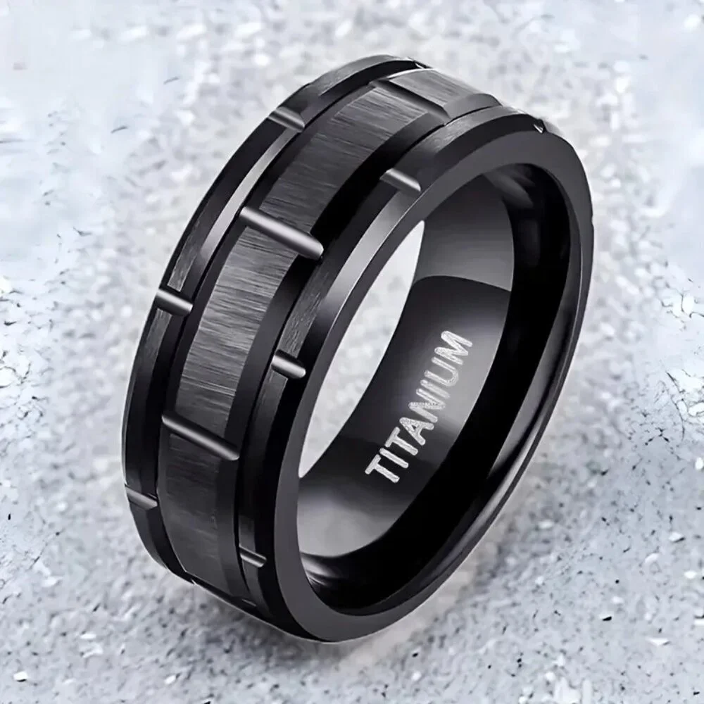 Titanium Matte Black Men's Statement Ring Beveled with Brushed Finished Center